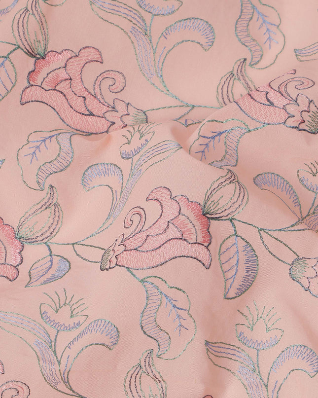 Peach Cotton Voile Embroidery Fabric with Pink Floral Vine Design, Width 110 Cms, India-D25300