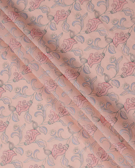 Peach Cotton Voile Embroidery Fabric with Pink Floral Vine Design, Width 110 Cms, India-D25300