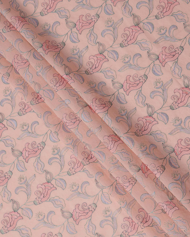 Peach Cotton Voile Embroidery Fabric with Pink Floral Vine Design, Width 110 Cms, India-D25300