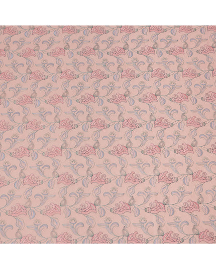 Peach Cotton Voile Embroidery Fabric with Pink Floral Vine Design, Width 110 Cms, India-D25300