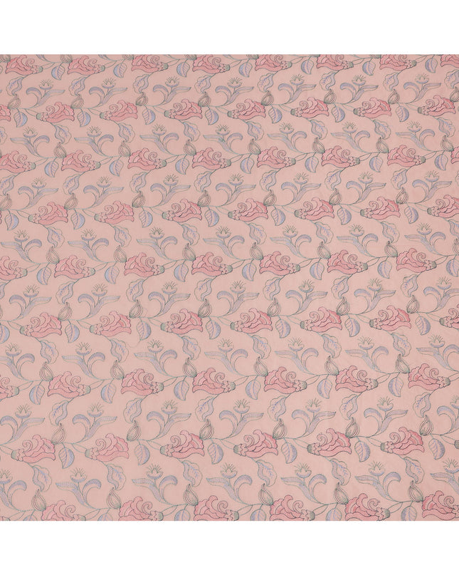 Peach Cotton Voile Embroidery Fabric with Pink Floral Vine Design, Width 110 Cms, India-D25300