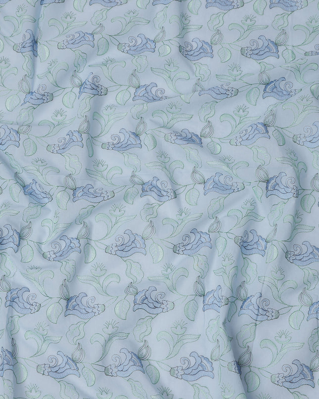 Sky Blue Cotton Voile Floral Embroidery Fabric, Width 110 Cms, India-D25309