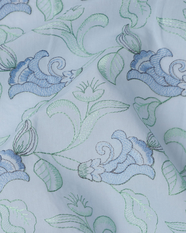 Sky Blue Cotton Voile Floral Embroidery Fabric, Width 110 Cms, India-D25309