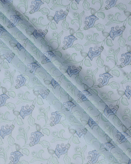 قماش قطني أزرق سماوي مطرز بالزهور، عرض 110 سم، الهند - D25309