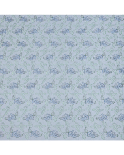 قماش قطني أزرق سماوي مطرز بالزهور، عرض 110 سم، الهند - D25309