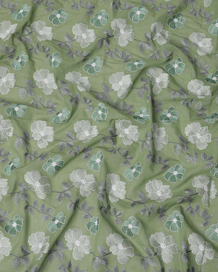 Sage Green Floral Embroidered Cotton Voile Fabric with Multicolor Threadwork, 110 Cms Width, India-D25326
