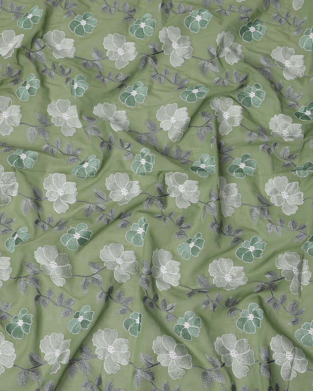 Sage Green Floral Embroidered Cotton Voile Fabric with Multicolor Threadwork, 110 Cms Width, India-D25326
