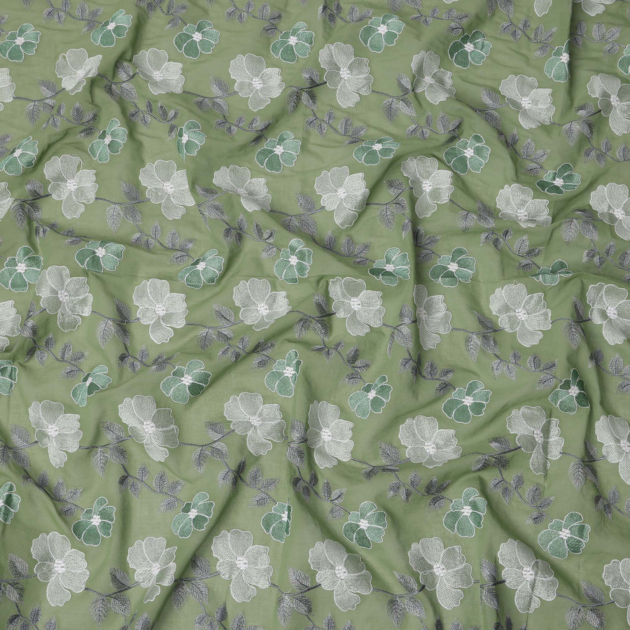 Sage Green Floral Embroidered Cotton Voile Fabric with Multicolor Threadwork, 110 Cms Width, India-D25326