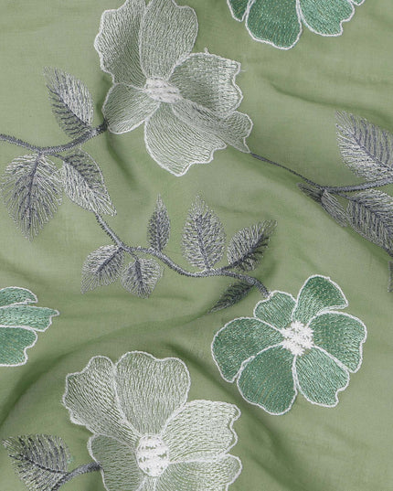 Sage Green Floral Embroidered Cotton Voile Fabric with Multicolor Threadwork, 110 Cms Width, India-D25326