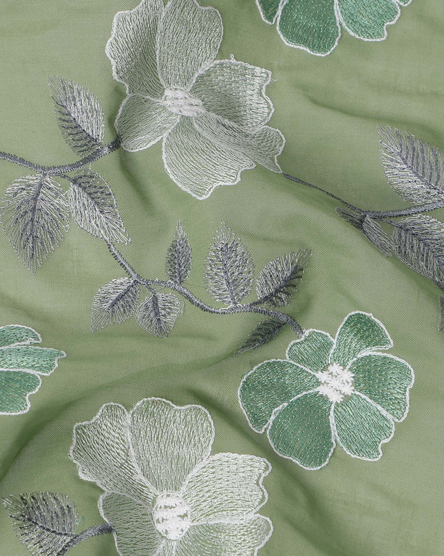 Sage Green Floral Embroidered Cotton Voile Fabric with Multicolor Threadwork, 110 Cms Width, India-D25326