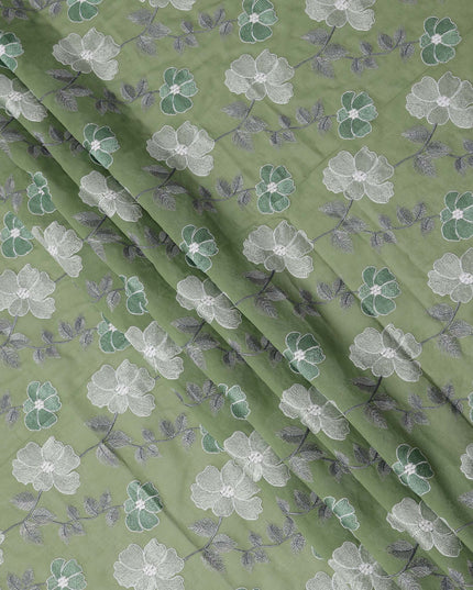 Sage Green Floral Embroidered Cotton Voile Fabric with Multicolor Threadwork, 110 Cms Width, India-D25326