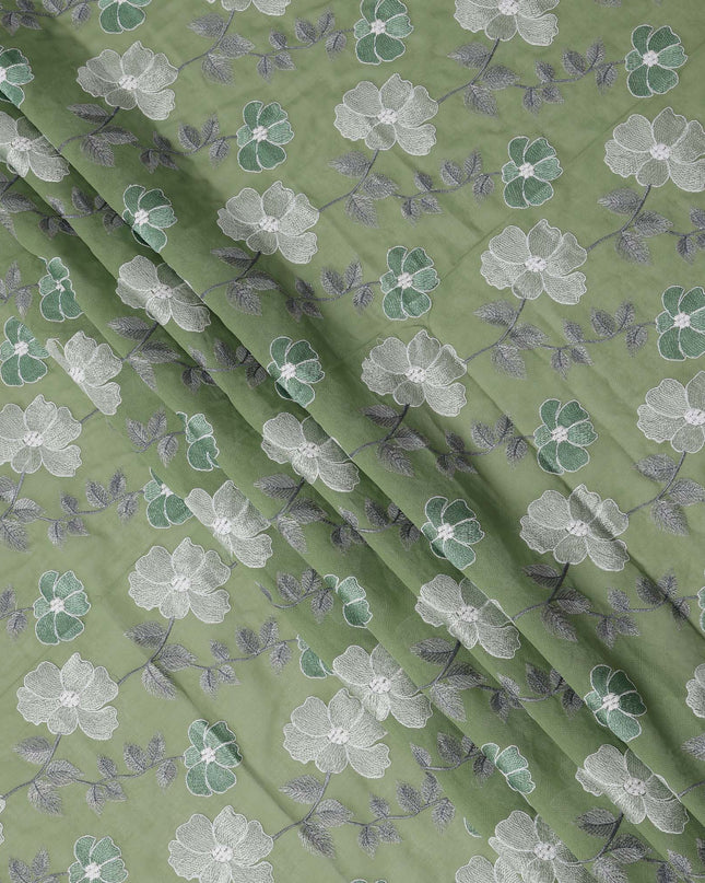 Sage Green Floral Embroidered Cotton Voile Fabric with Multicolor Threadwork, 110 Cms Width, India-D25326