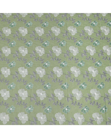 Sage Green Floral Embroidered Cotton Voile Fabric with Multicolor Threadwork, 110 Cms Width, India-D25326