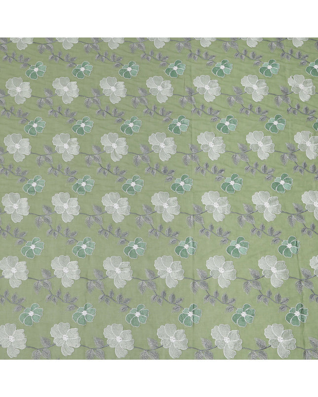Sage Green Floral Embroidered Cotton Voile Fabric with Multicolor Threadwork, 110 Cms Width, India-D25326