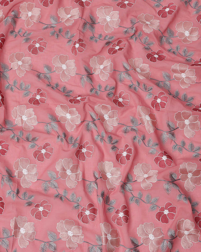 Pink Floral Embroidered Cotton Voile Fabric with Multicolor Threadwork, 110 Cms Width, India-D25327