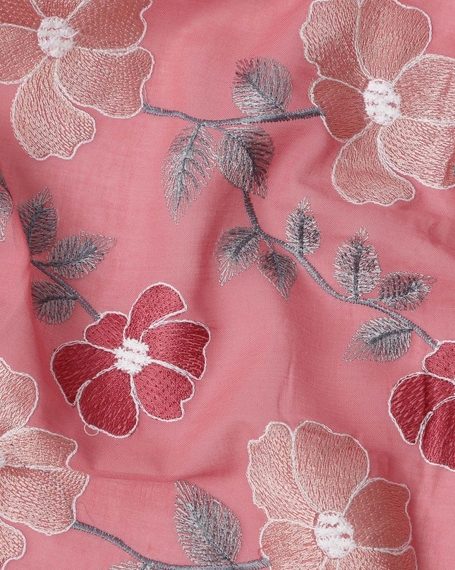 Pink Floral Embroidered Cotton Voile Fabric with Multicolor Threadwork, 110 Cms Width, India-D25327
