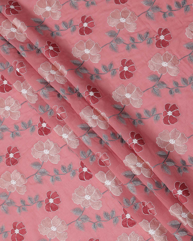Pink Floral Embroidered Cotton Voile Fabric with Multicolor Threadwork, 110 Cms Width, India-D25327