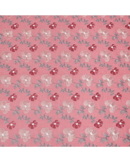 قماش فوال قطني مطرز بنقشة زهور وردية مع خيوط متعددة الألوان، عرض 110 سم، الهند - D25327