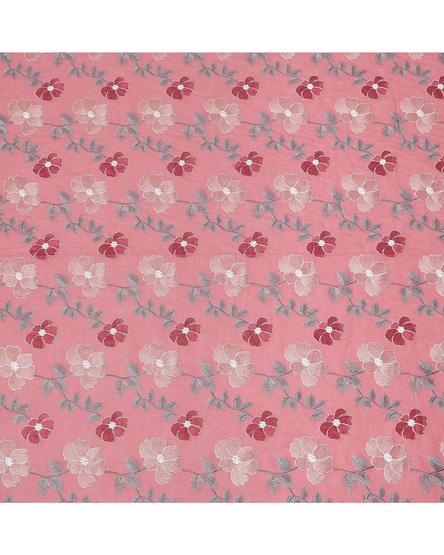 Pink Floral Embroidered Cotton Voile Fabric with Multicolor Threadwork, 110 Cms Width, India-D25327