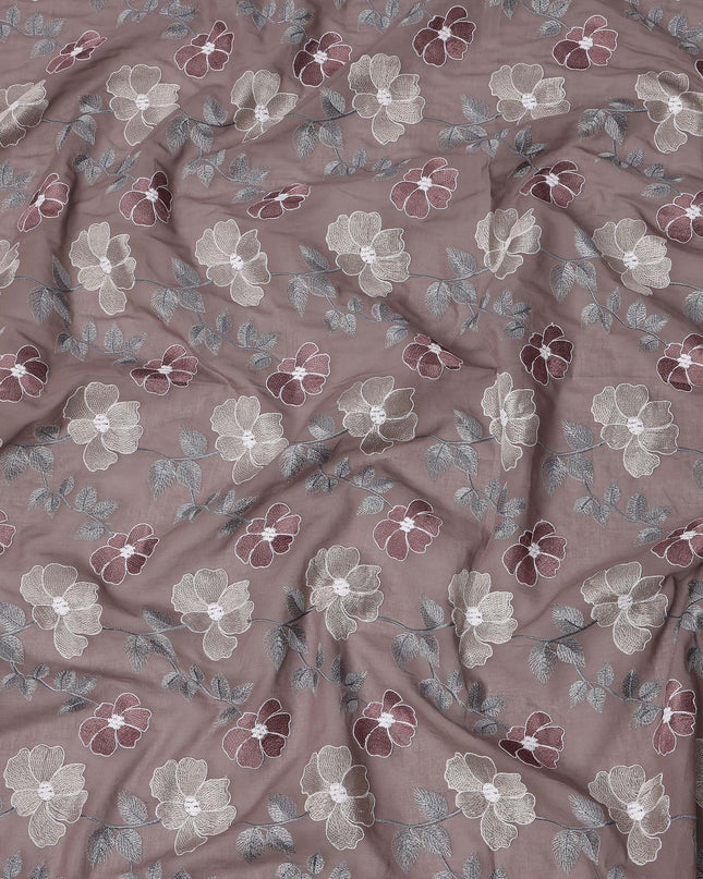 Dusty Mauve Floral Embroidered Cotton Voile Fabric with Multicolor Threadwork, 110 Cms Width, India-D25325