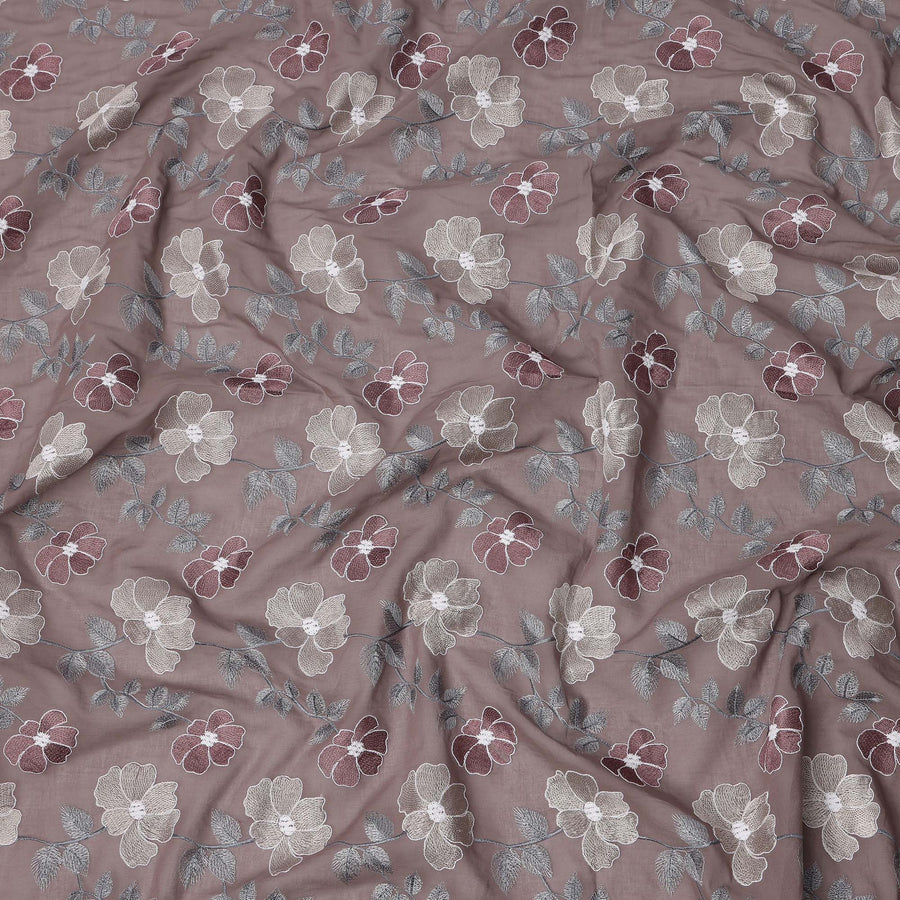 Dusty Mauve Floral Embroidered Cotton Voile Fabric with Multicolor Threadwork, 110 Cms Width, India-D25325