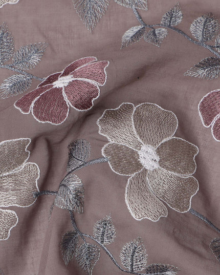 Dusty Mauve Floral Embroidered Cotton Voile Fabric with Multicolor Threadwork, 110 Cms Width, India-D25325