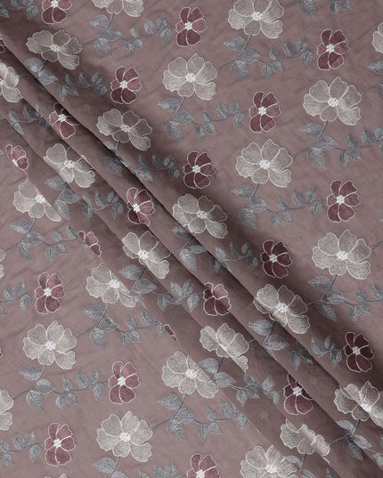 Dusty Mauve Floral Embroidered Cotton Voile Fabric with Multicolor Threadwork, 110 Cms Width, India-D25325