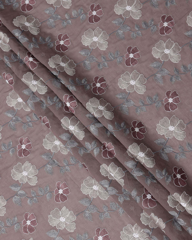 Dusty Mauve Floral Embroidered Cotton Voile Fabric with Multicolor Threadwork, 110 Cms Width, India-D25325