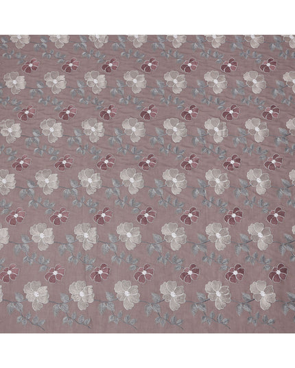 Dusty Mauve Floral Embroidered Cotton Voile Fabric with Multicolor Threadwork, 110 Cms Width, India-D25325