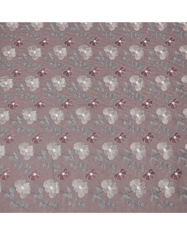 Dusty Mauve Floral Embroidered Cotton Voile Fabric with Multicolor Threadwork, 110 Cms Width, India-D25325