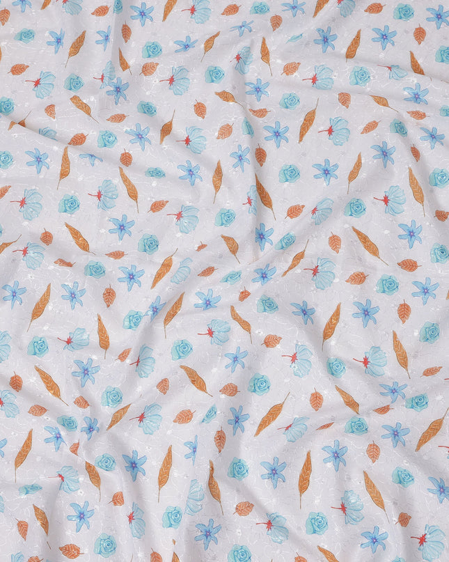 White Cotton Voile Embroidery Fabric with Blue Floral and Golden Leaf Print, Width 110 Cms, India-D25297