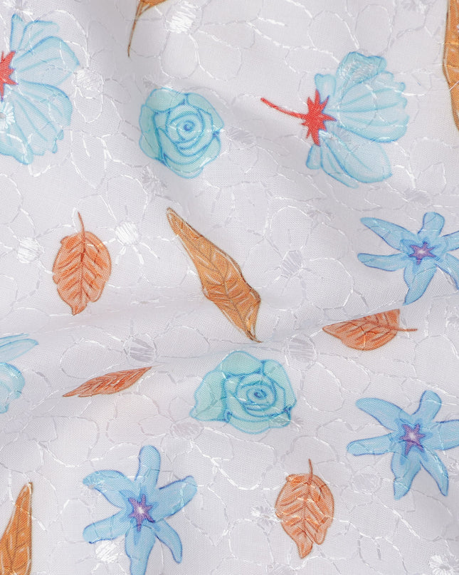 White Cotton Voile Embroidery Fabric with Blue Floral and Golden Leaf Print, Width 110 Cms, India-D25297