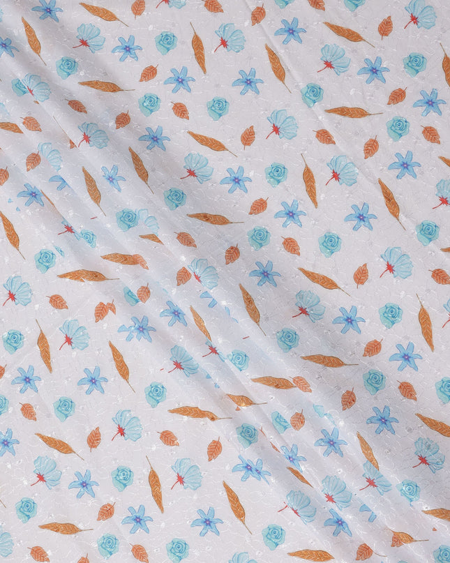 White Cotton Voile Embroidery Fabric with Blue Floral and Golden Leaf Print, Width 110 Cms, India-D25297