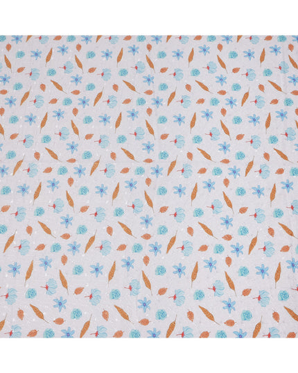 قماش تطريز من القطن الأبيض بطبعة زهور زرقاء وأوراق ذهبية، عرض 110 سم، الهند - D25297