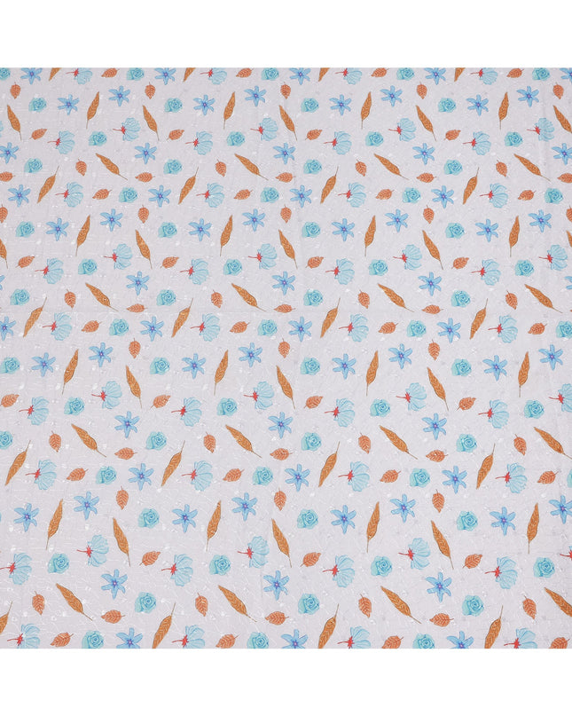 White Cotton Voile Embroidery Fabric with Blue Floral and Golden Leaf Print, Width 110 Cms, India-D25297
