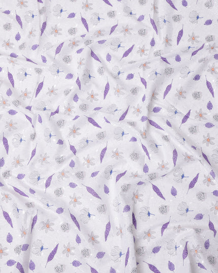 White Floral Printed Cotton Voile Embroidery Fabric with Purple Leaf Motifs, 110 Cms Width, India-D25203