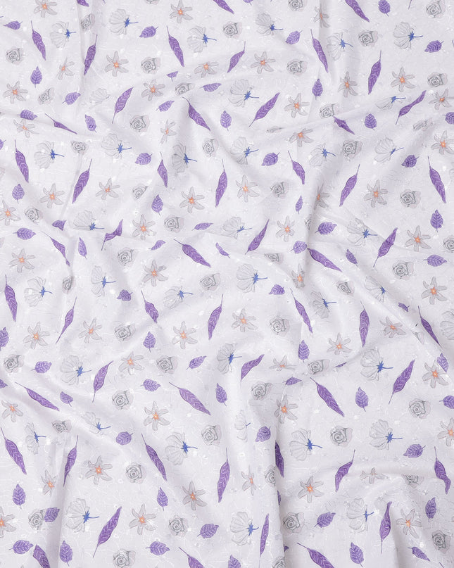 White Floral Printed Cotton Voile Embroidery Fabric with Purple Leaf Motifs, 110 Cms Width, India-D25203