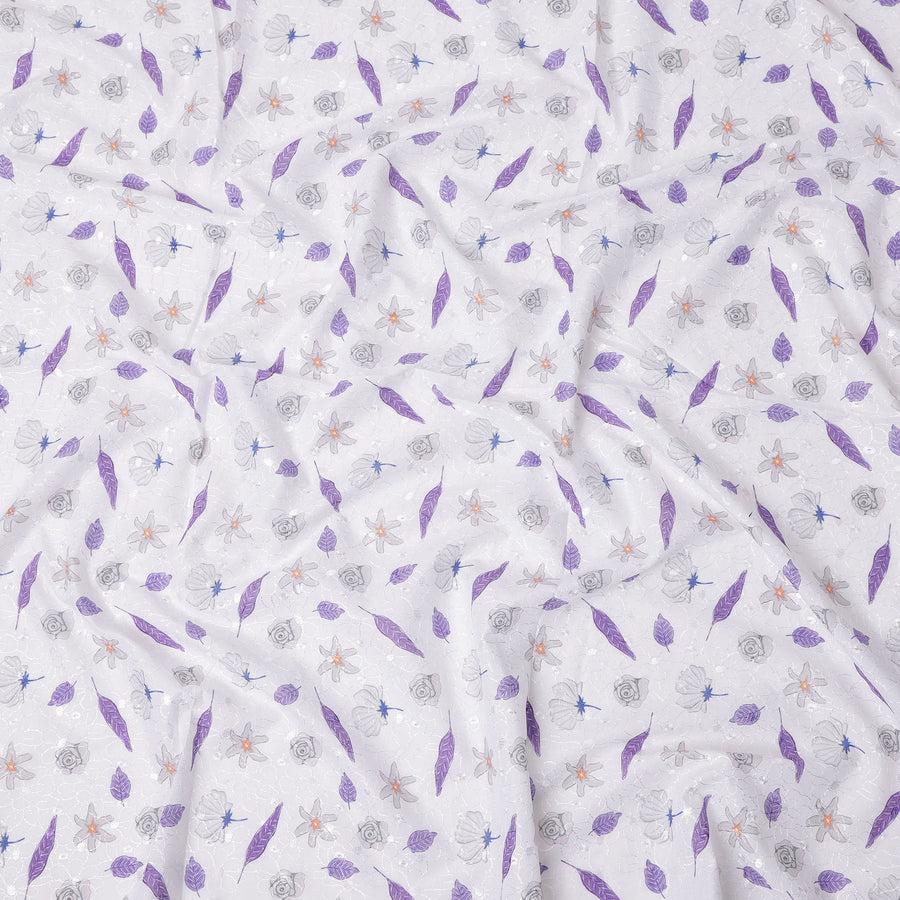 White Floral Printed Cotton Voile Embroidery Fabric with Purple Leaf Motifs, 110 Cms Width, India-D25203