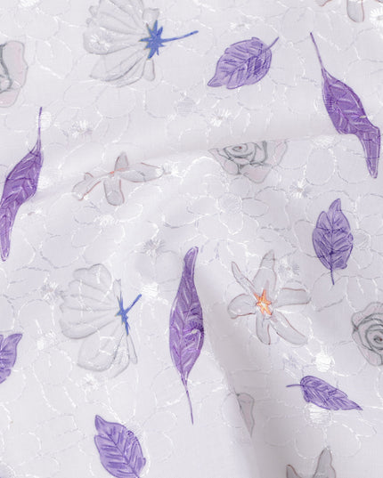 White Floral Printed Cotton Voile Embroidery Fabric with Purple Leaf Motifs, 110 Cms Width, India-D25203