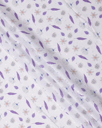White Floral Printed Cotton Voile Embroidery Fabric with Purple Leaf Motifs, 110 Cms Width, India-D25203
