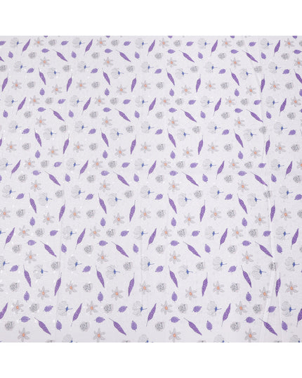 White Floral Printed Cotton Voile Embroidery Fabric with Purple Leaf Motifs, 110 Cms Width, India-D25203