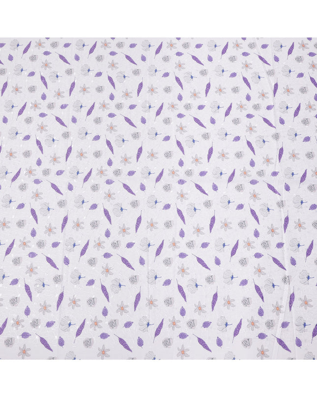 White Floral Printed Cotton Voile Embroidery Fabric with Purple Leaf Motifs, 110 Cms Width, India-D25203