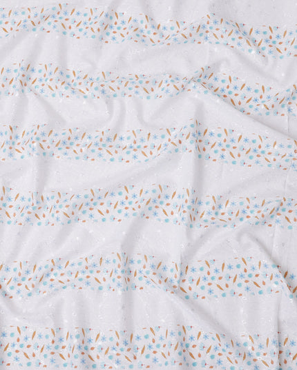 White Striped Floral Embroidered Cotton Voile Fabric, 110 Cms Width, India-D25200