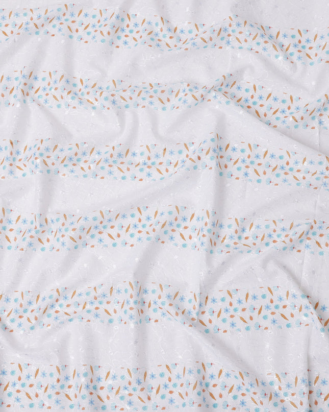 White Striped Floral Embroidered Cotton Voile Fabric, 110 Cms Width, India-D25200