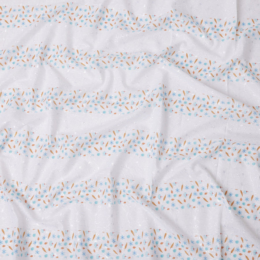 White Striped Floral Embroidered Cotton Voile Fabric, 110 Cms Width, India-D25200
