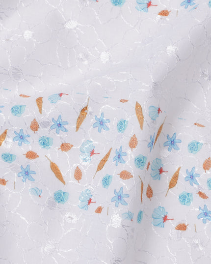 White Striped Floral Embroidered Cotton Voile Fabric, 110 Cms Width, India-D25200