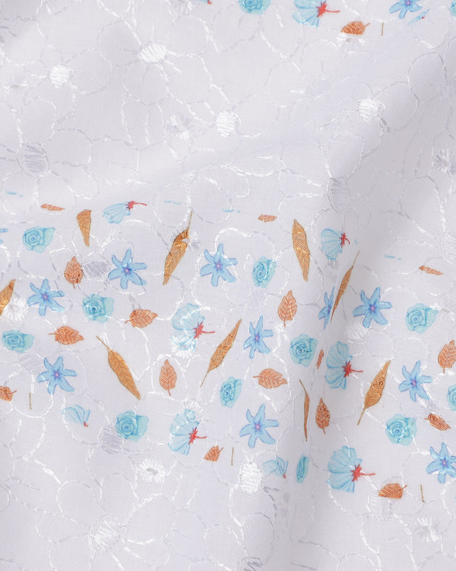 White Striped Floral Embroidered Cotton Voile Fabric, 110 Cms Width, India-D25200