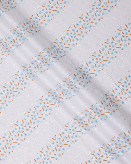 White Striped Floral Embroidered Cotton Voile Fabric, 110 Cms Width, India-D25200