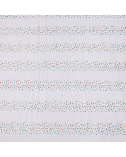 White Striped Floral Embroidered Cotton Voile Fabric, 110 Cms Width, India-D25200