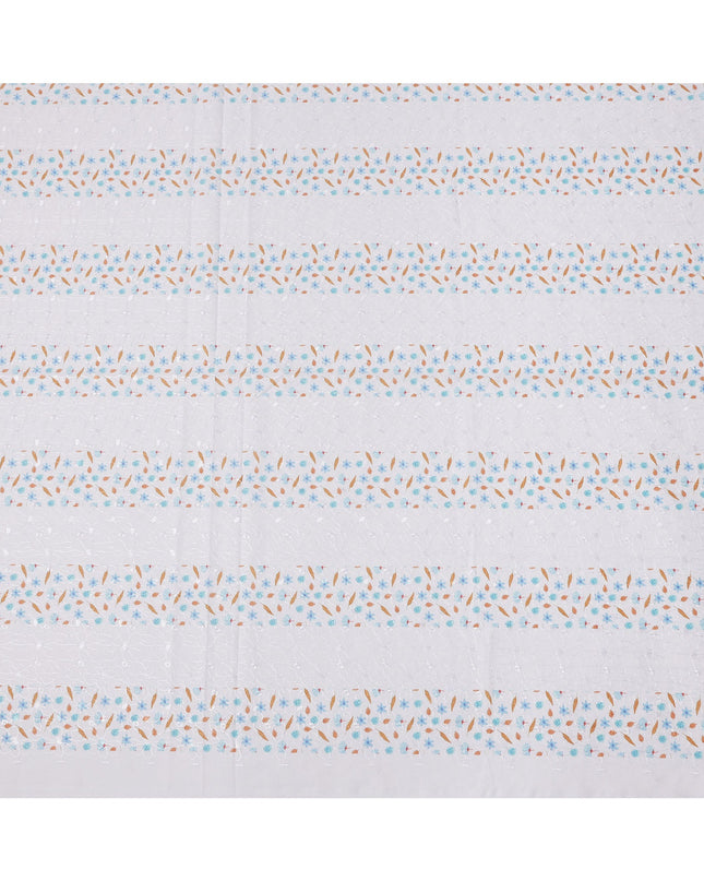 White Striped Floral Embroidered Cotton Voile Fabric, 110 Cms Width, India-D25200